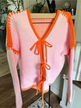 Pink & Orange Tie-Front Women's Sweater
